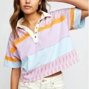 Nwts FREE PEOPLE MixPrint BELLA Collar Henley Cropped Tee Size XS
